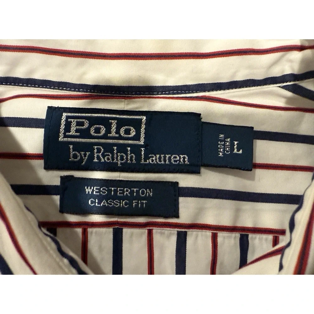 Ralph Lauren Men Shirt L WESTERTON Classic White Blue Red Pinstripe‎ Blue Pony